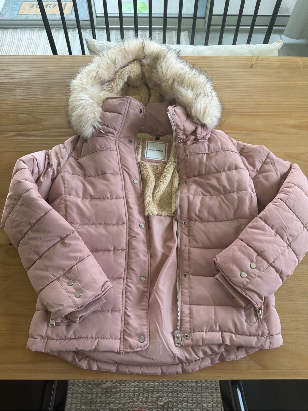 Womans Pink Faux-Fur Trim Puffer Jacket